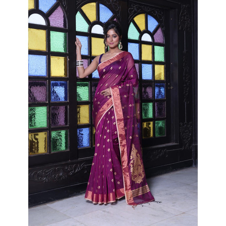 CHARUKRITI Purple Cotton Zari Border Saree with Unstitched Blouse