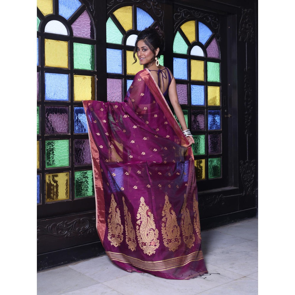 CHARUKRITI Purple Cotton Zari Border Saree with Unstitched Blouse