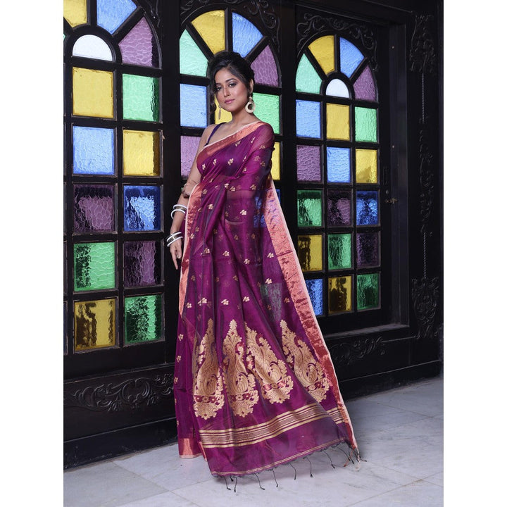 CHARUKRITI Purple Cotton Zari Border Saree with Unstitched Blouse