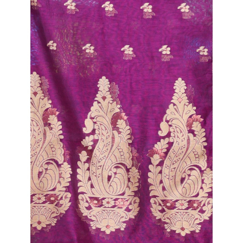 CHARUKRITI Purple Cotton Zari Border Saree with Unstitched Blouse