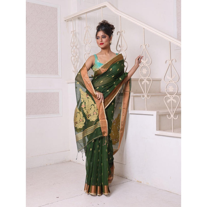 CHARUKRITI Green Cotton Zari Border Saree with Unstitched Blouse