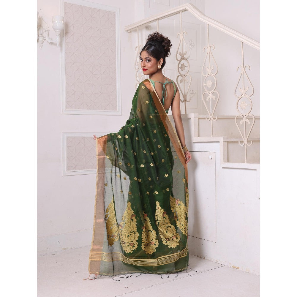 CHARUKRITI Green Cotton Zari Border Saree with Unstitched Blouse