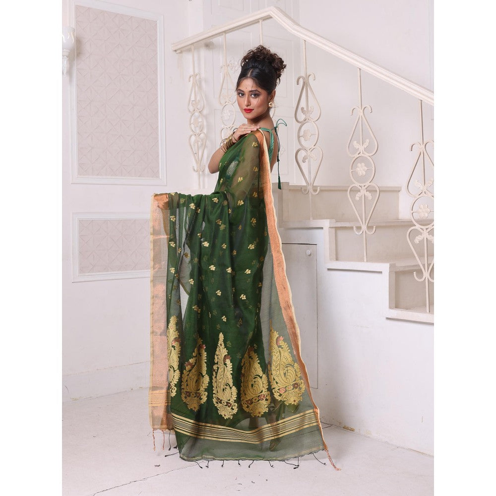 CHARUKRITI Green Cotton Zari Border Saree with Unstitched Blouse