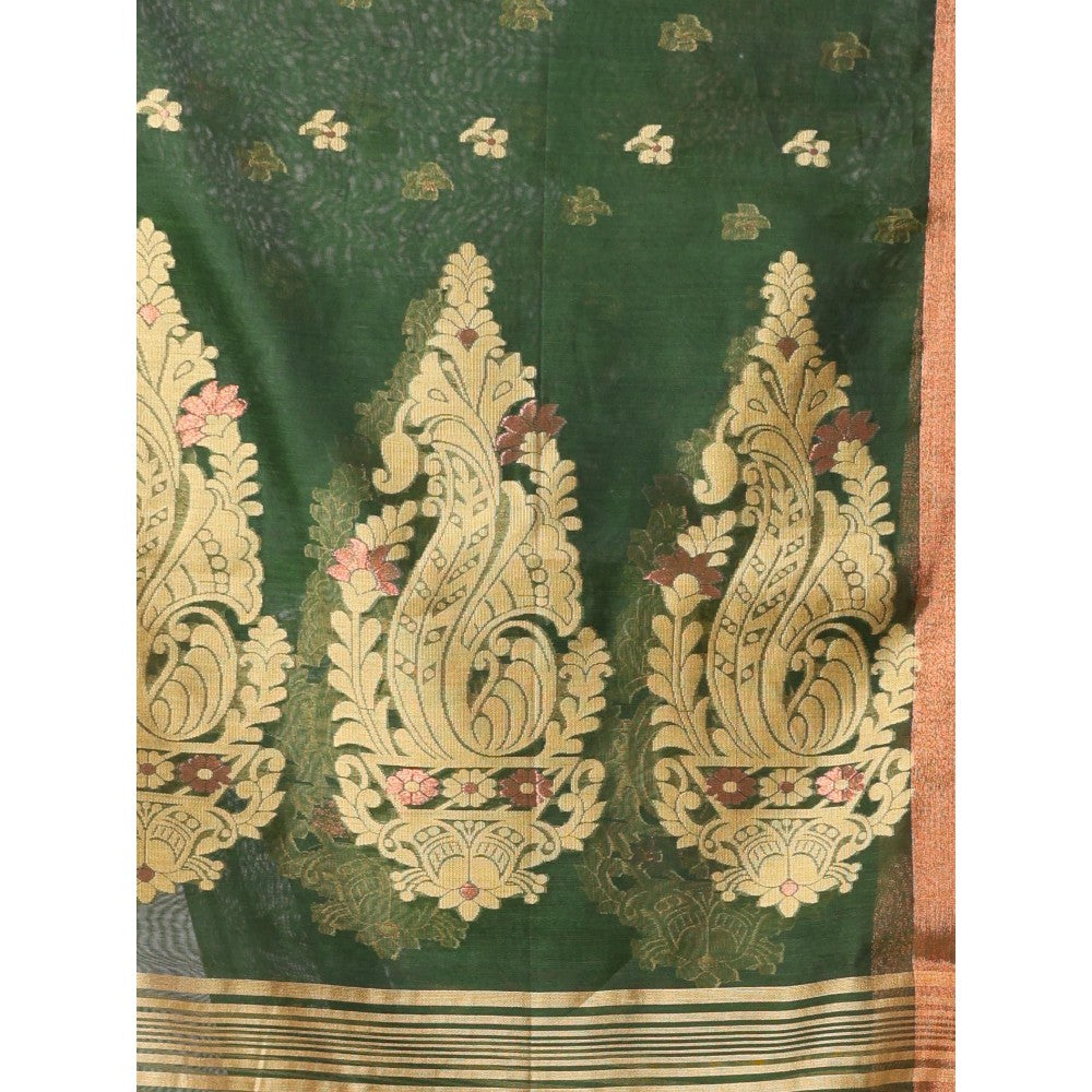 CHARUKRITI Green Cotton Zari Border Saree with Unstitched Blouse