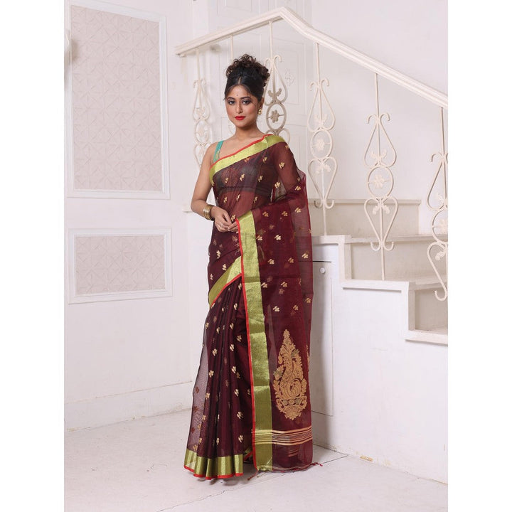 CHARUKRITI Maroon Cotton Zari Border Saree with Unstitched Blouse