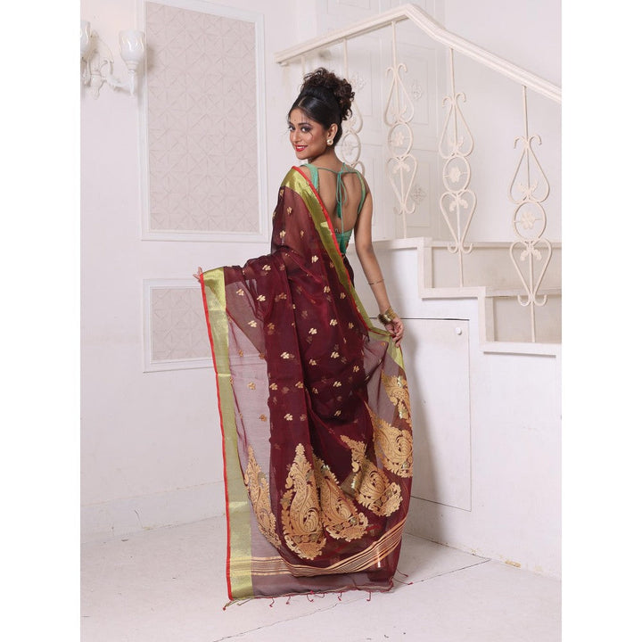 CHARUKRITI Maroon Cotton Zari Border Saree with Unstitched Blouse