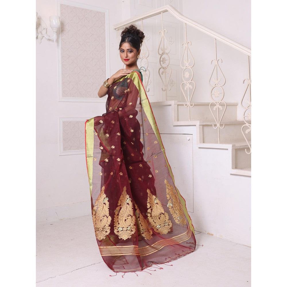 CHARUKRITI Maroon Cotton Zari Border Saree with Unstitched Blouse