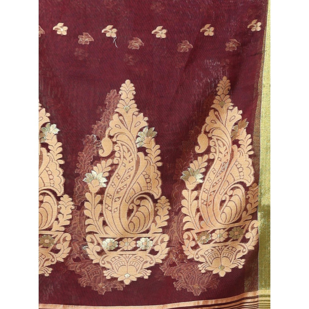 CHARUKRITI Maroon Cotton Zari Border Saree with Unstitched Blouse