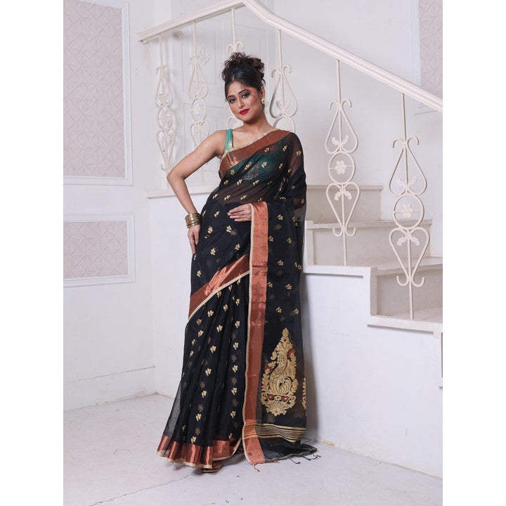 CHARUKRITI Black Cotton Zari Border Saree with Unstitched Blouse