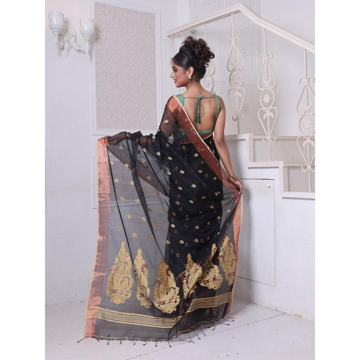 CHARUKRITI Black Cotton Zari Border Saree with Unstitched Blouse