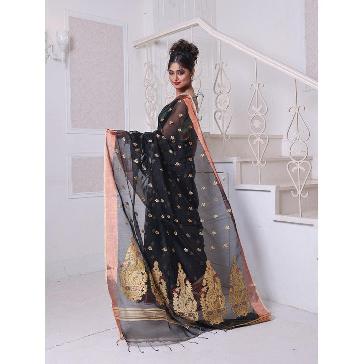 CHARUKRITI Black Cotton Zari Border Saree with Unstitched Blouse