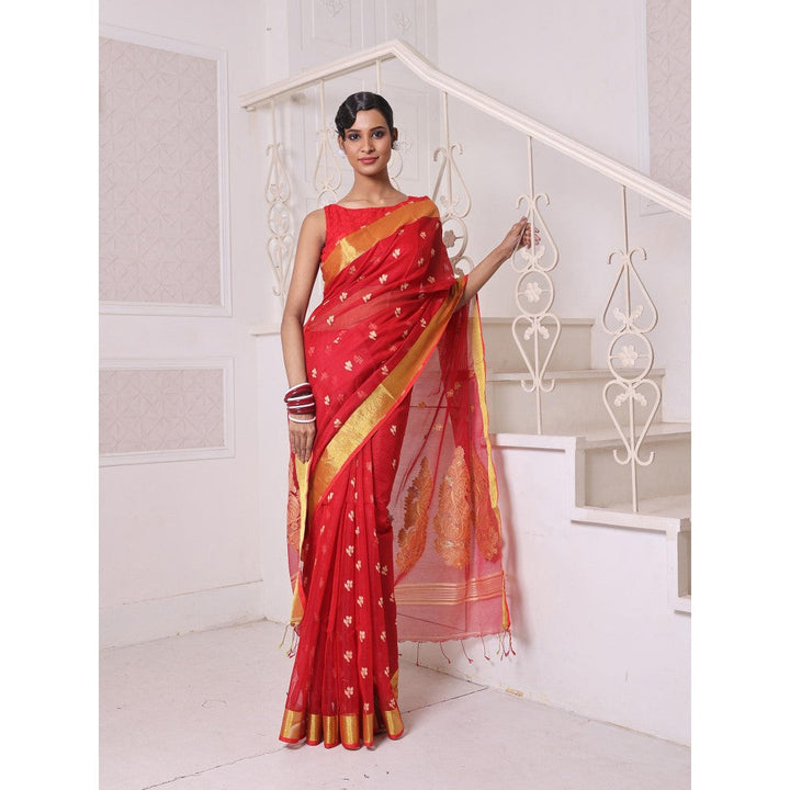 CHARUKRITI Red Cotton Zari Border Saree with Unstitched Blouse