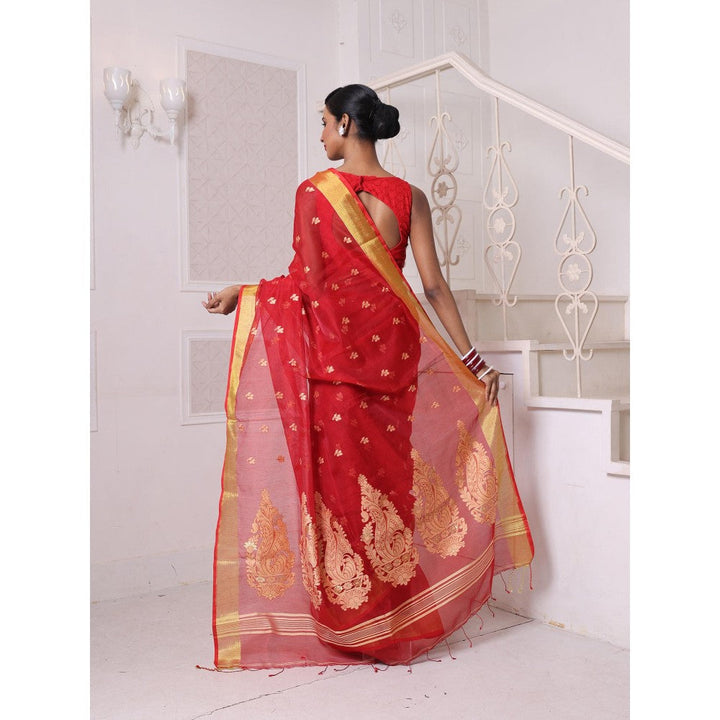 CHARUKRITI Red Cotton Zari Border Saree with Unstitched Blouse