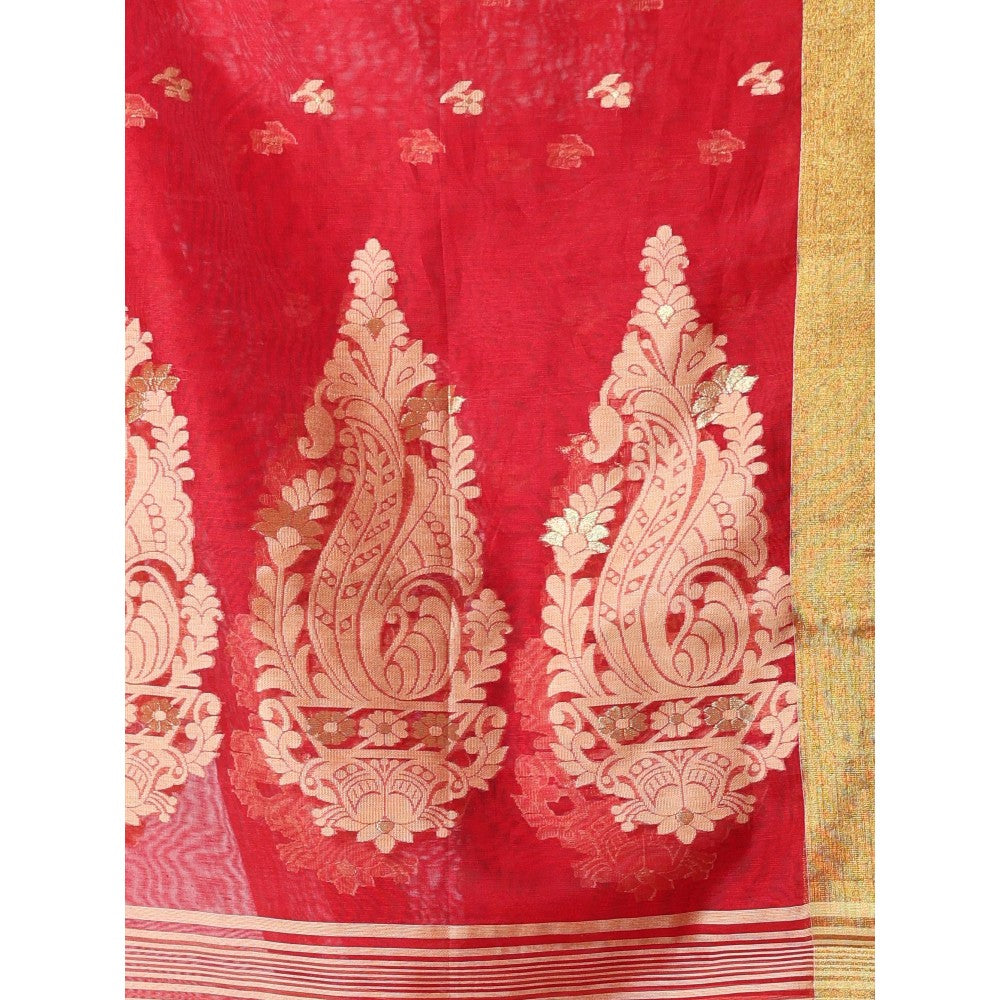 CHARUKRITI Red Cotton Zari Border Saree with Unstitched Blouse