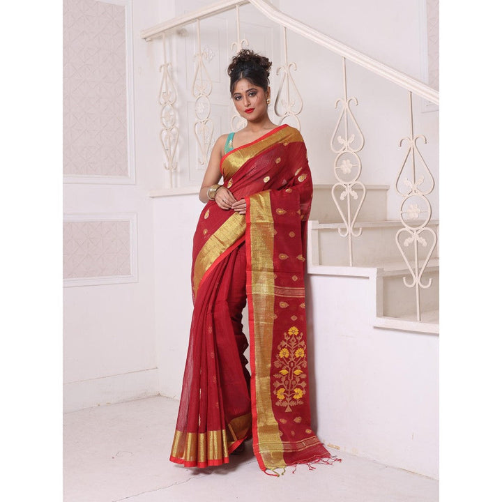 CHARUKRITI Maroon Cotton Zari Border Saree with Unstitched Blouse