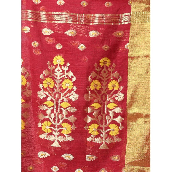 CHARUKRITI Maroon Cotton Zari Border Saree with Unstitched Blouse