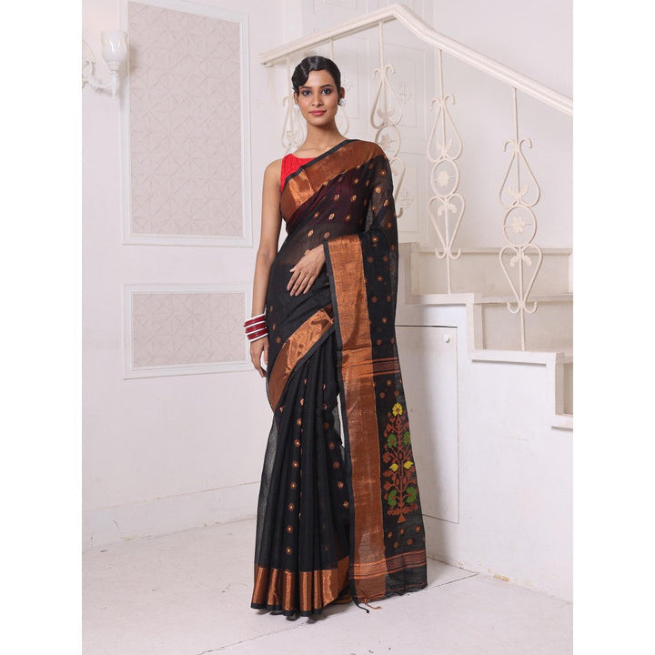 CHARUKRITI Black Cotton Zari Border Saree with Unstitched Blouse