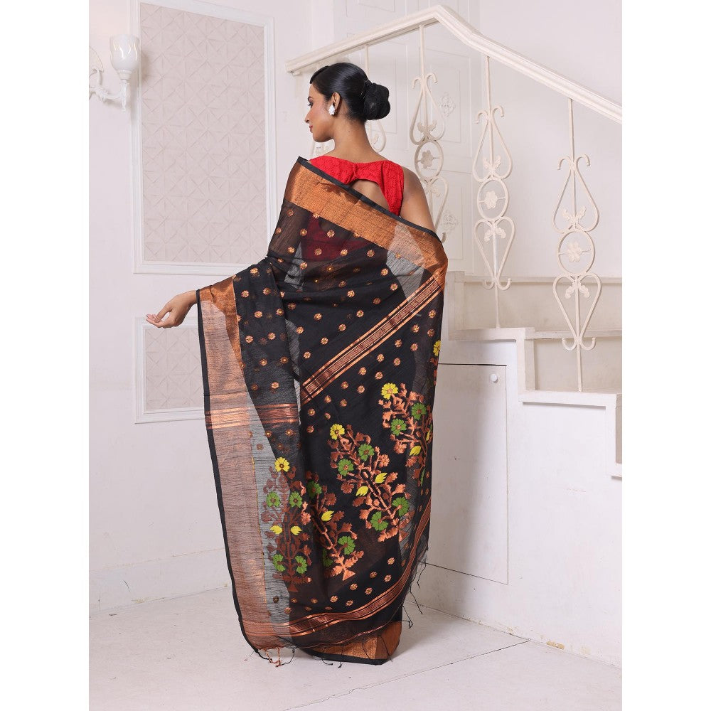 CHARUKRITI Black Cotton Zari Border Saree with Unstitched Blouse