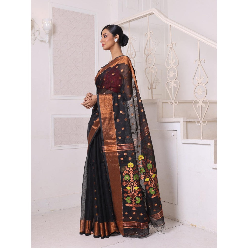 CHARUKRITI Black Cotton Zari Border Saree with Unstitched Blouse