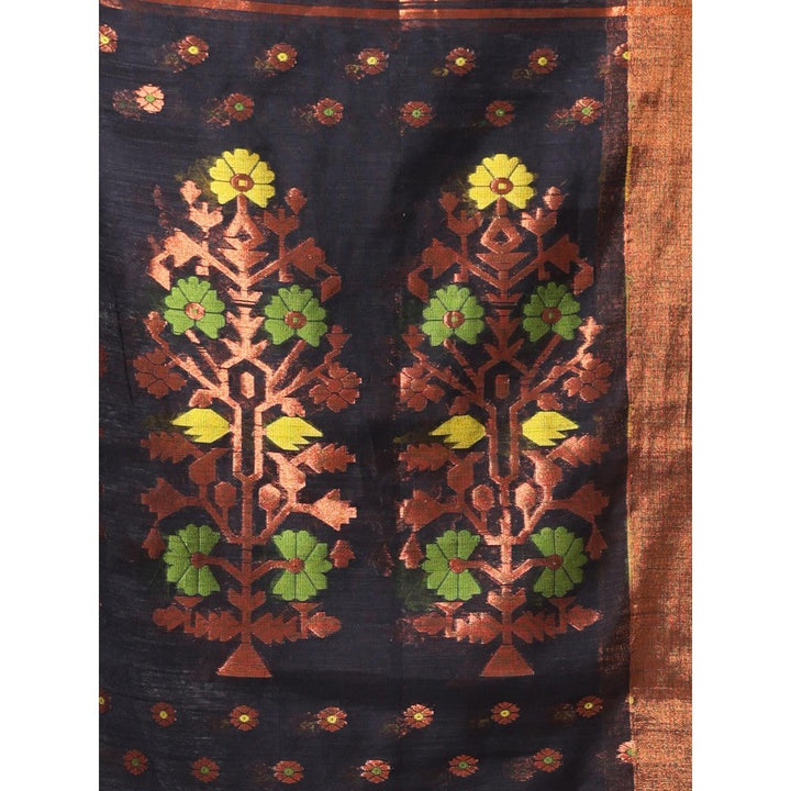 CHARUKRITI Black Cotton Zari Border Saree with Unstitched Blouse