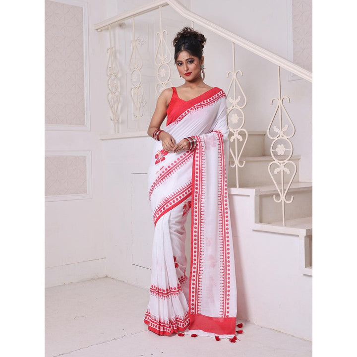 CHARUKRITI White Hibiscus Printed Bengali Style Mulmul Cotton Soft Saree Without Blouse