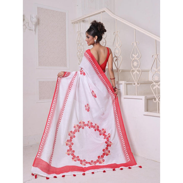 CHARUKRITI White Hibiscus Printed Bengali Style Mulmul Cotton Soft Saree Without Blouse