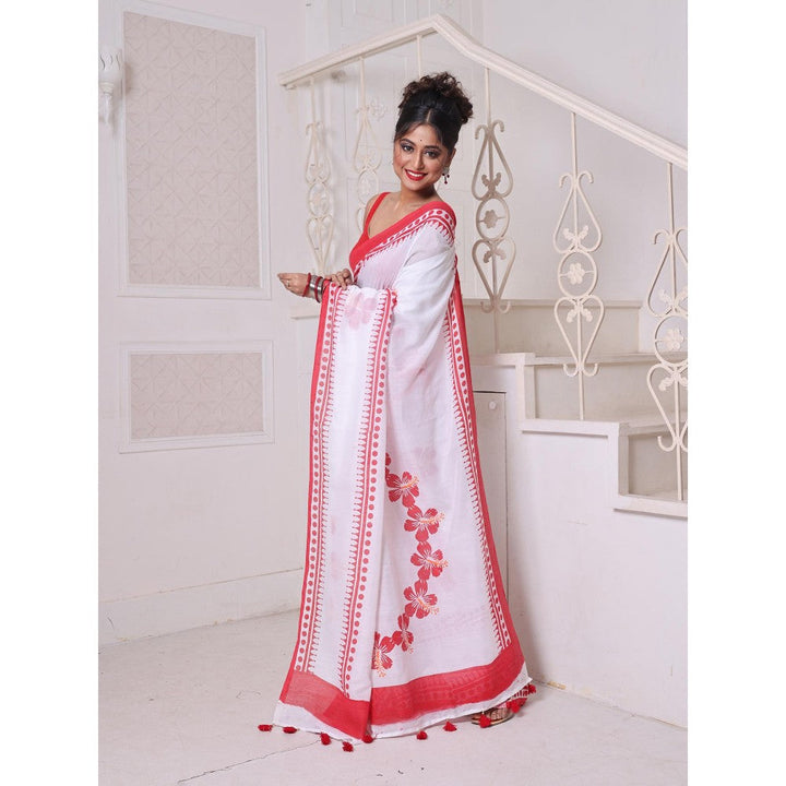 CHARUKRITI White Hibiscus Printed Bengali Style Mulmul Cotton Soft Saree Without Blouse