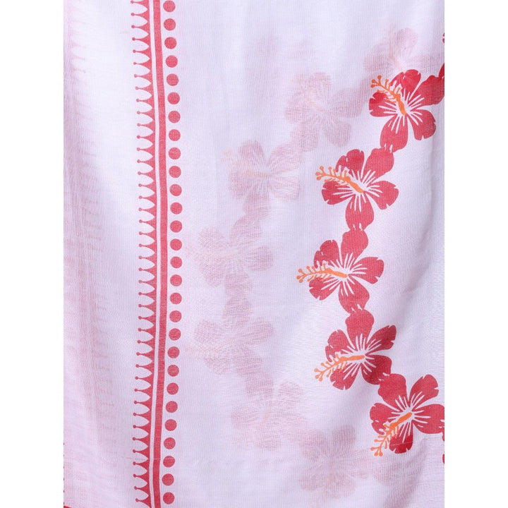 CHARUKRITI White Hibiscus Printed Bengali Style Mulmul Cotton Soft Saree Without Blouse