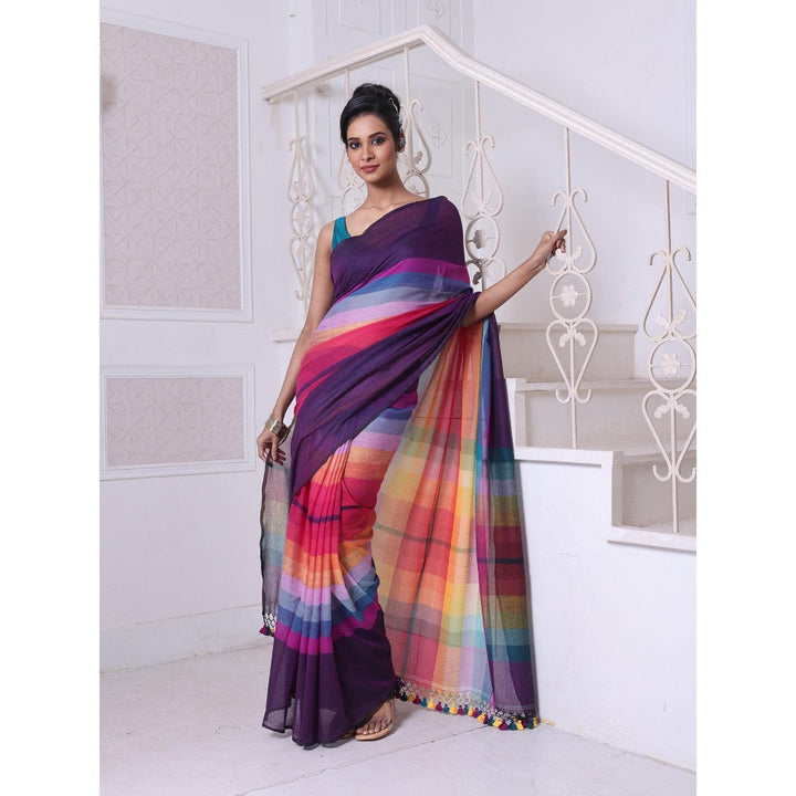 CHARUKRITI Violet and Multi-Color Colorblock Mulmul Cotton Saree Without Blouse