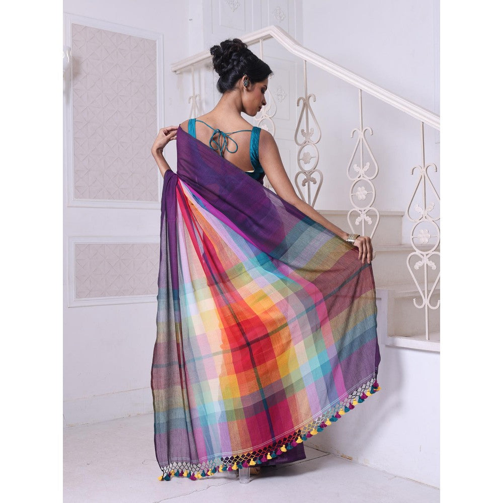 CHARUKRITI Violet and Multi-Color Colorblock Mulmul Cotton Saree Without Blouse