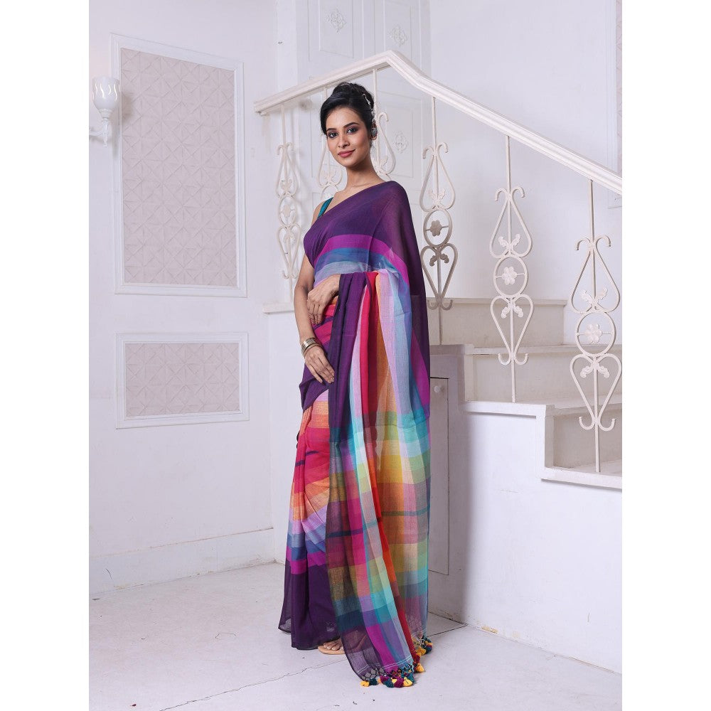 CHARUKRITI Violet and Multi-Color Colorblock Mulmul Cotton Saree Without Blouse