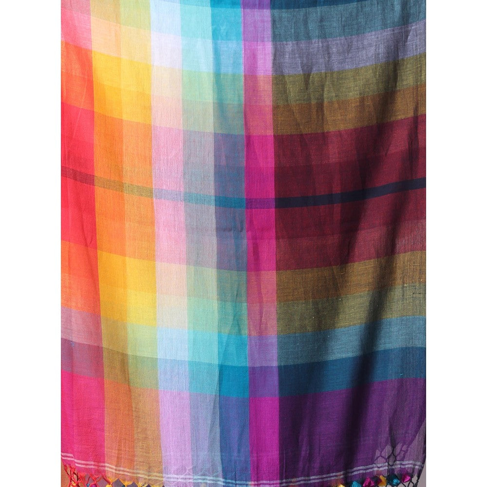 CHARUKRITI Violet and Multi-Color Colorblock Mulmul Cotton Saree Without Blouse