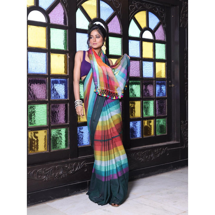 CHARUKRITI Bottle Green and Multi-Color Colorblock Mulmul Cotton Saree Without Blouse