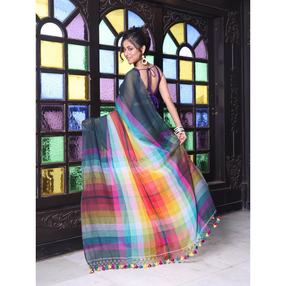 CHARUKRITI Bottle Green and Multi-Color Colorblock Mulmul Cotton Saree Without Blouse