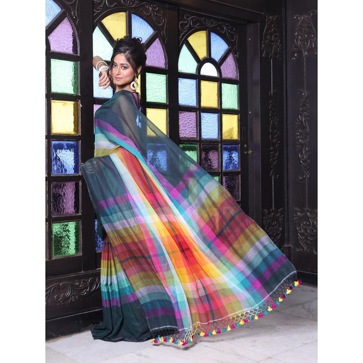 CHARUKRITI Bottle Green and Multi-Color Colorblock Mulmul Cotton Saree Without Blouse