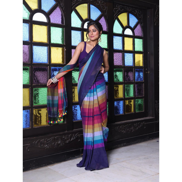 CHARUKRITI Navy Blue and Multi-Color Colorblock Mulmul Cotton Saree Without Blouse