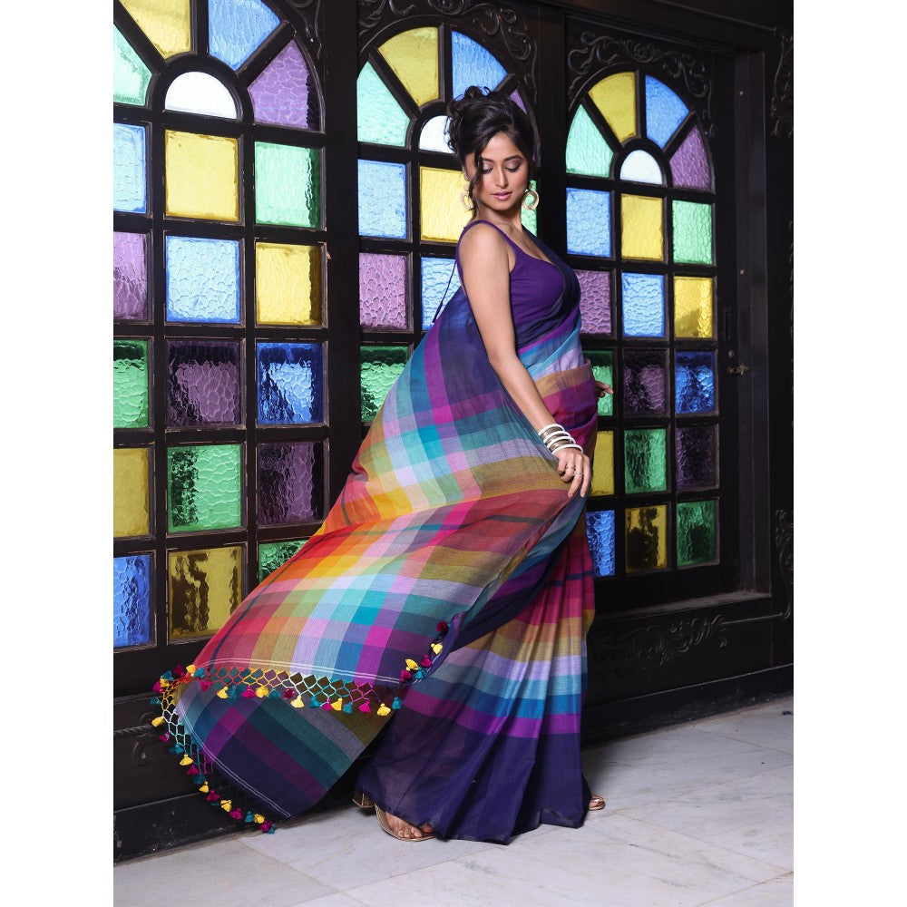 CHARUKRITI Navy Blue and Multi-Color Colorblock Mulmul Cotton Saree Without Blouse