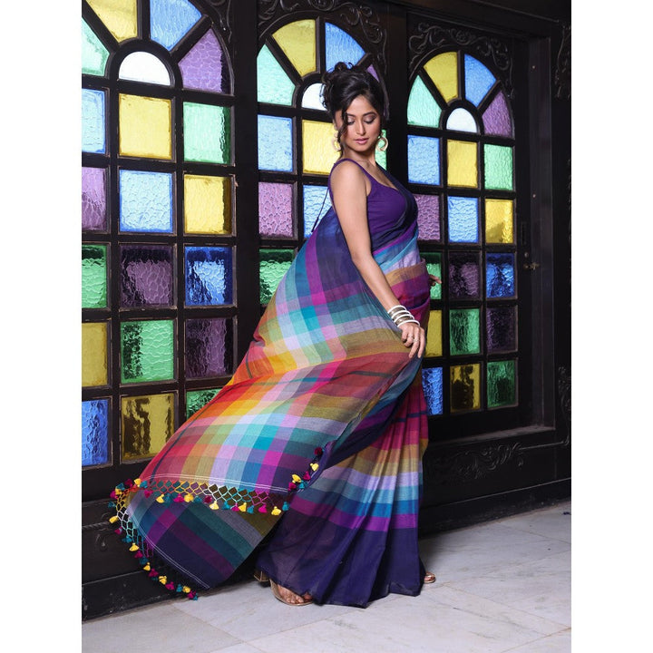 CHARUKRITI Navy Blue and Multi-Color Colorblock Mulmul Cotton Saree Without Blouse