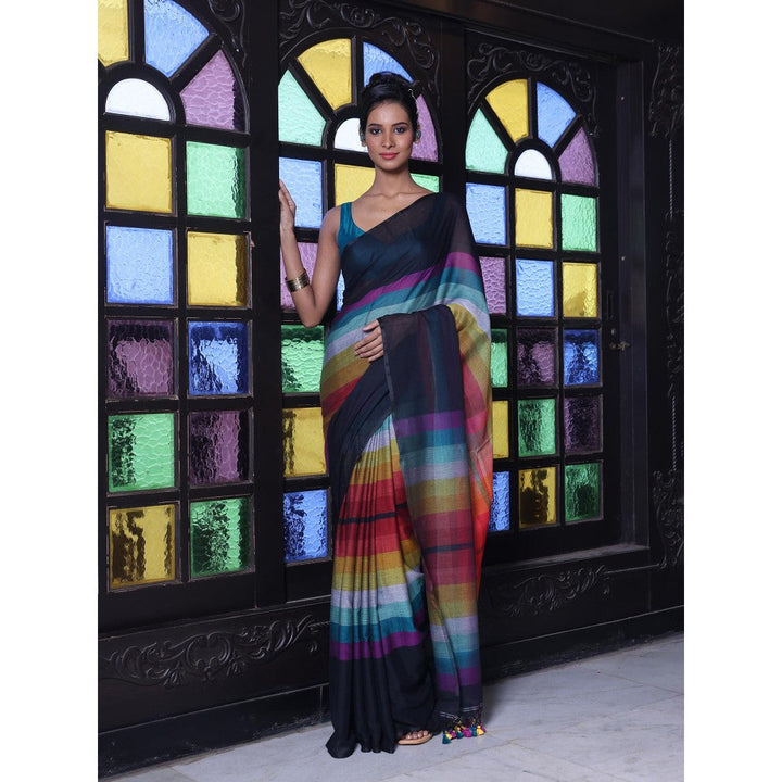 CHARUKRITI Black and Multi-Color Colorblock Mulmul Cotton Saree Without Blouse