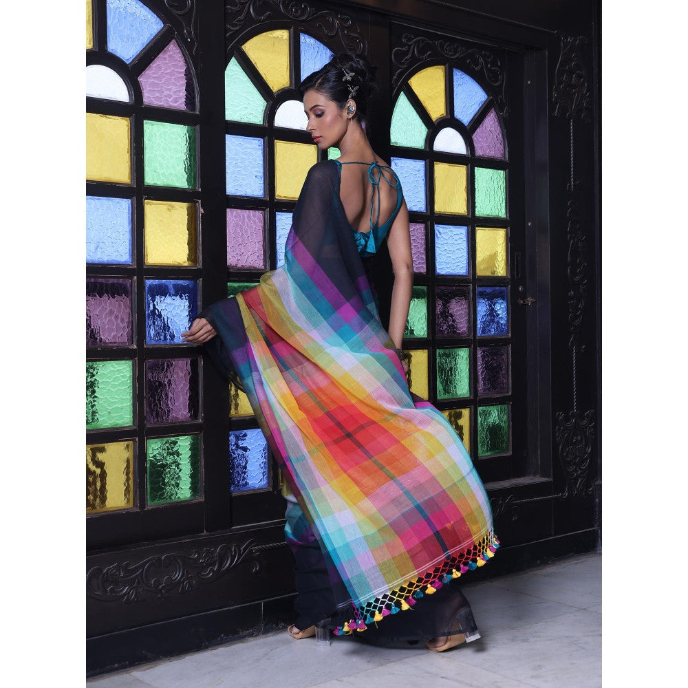 CHARUKRITI Black and Multi-Color Colorblock Mulmul Cotton Saree Without Blouse