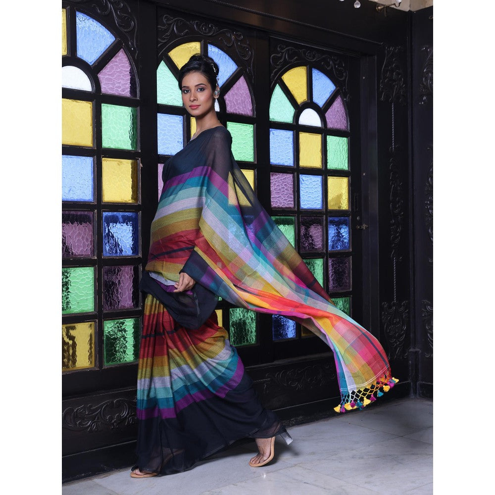 CHARUKRITI Black and Multi-Color Colorblock Mulmul Cotton Saree Without Blouse