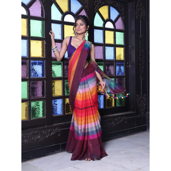 CHARUKRITI Maroon and Multi-Color Colorblock Mulmul Cotton Saree Without Blouse