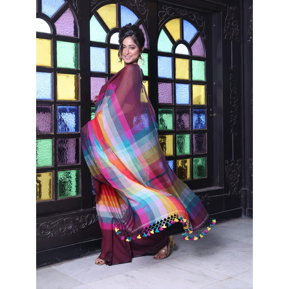 CHARUKRITI Maroon and Multi-Color Colorblock Mulmul Cotton Saree Without Blouse