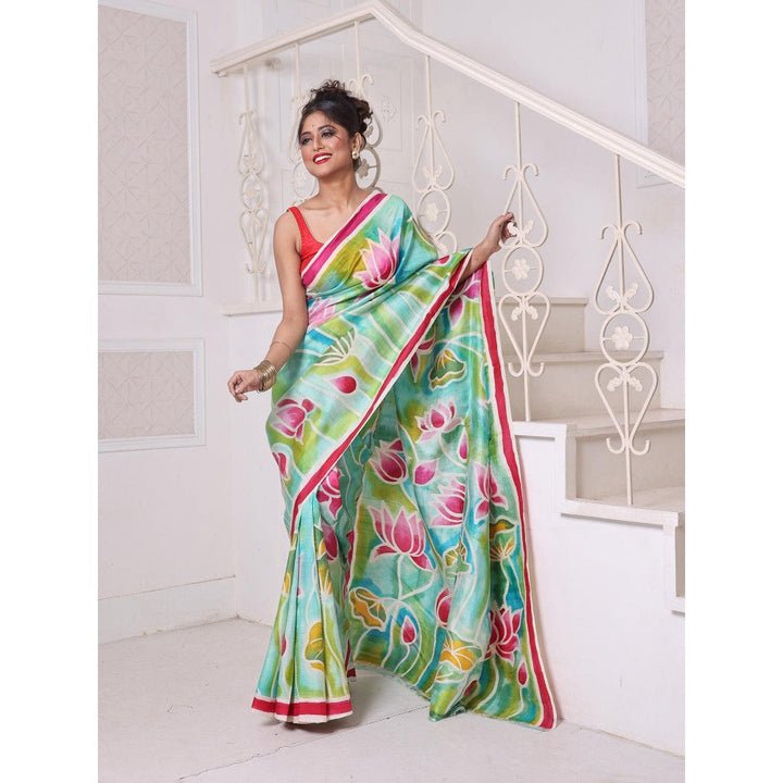 CHARUKRITI Sea Green Lotus Hand Painted Pure Silk Handwoven Soft Saree with Unstitched Blouse