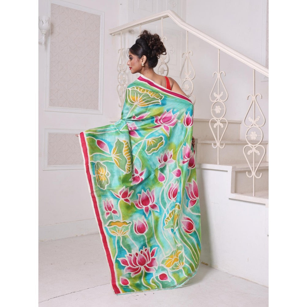 CHARUKRITI Sea Green Lotus Hand Painted Pure Silk Handwoven Soft Saree with Unstitched Blouse