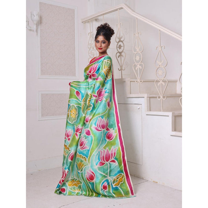 CHARUKRITI Sea Green Lotus Hand Painted Pure Silk Handwoven Soft Saree with Unstitched Blouse