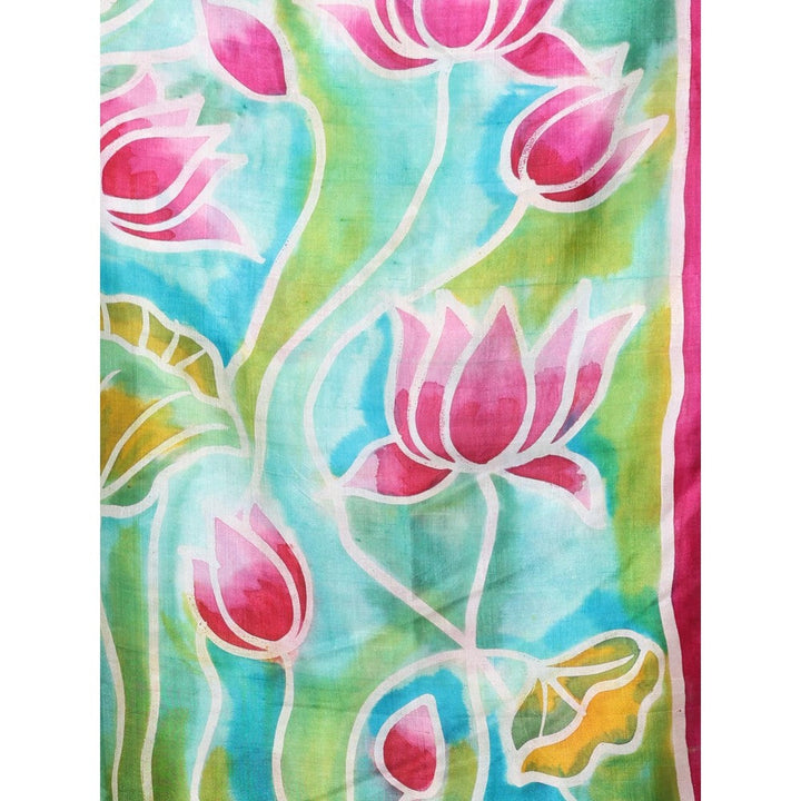 CHARUKRITI Sea Green Lotus Hand Painted Pure Silk Handwoven Soft Saree with Unstitched Blouse