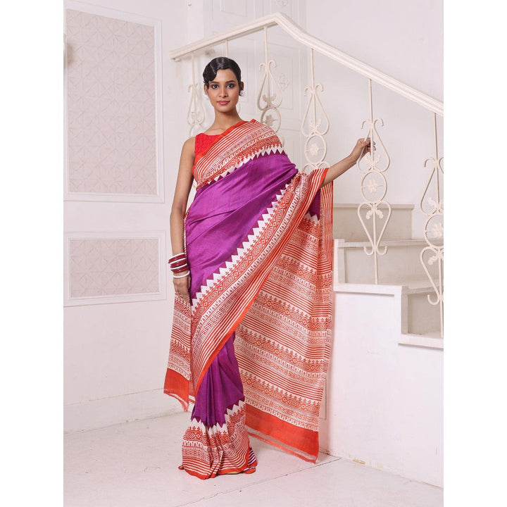 CHARUKRITI Purple Printed Pure Silk Handwoven Soft Saree with Unstitched Blouse