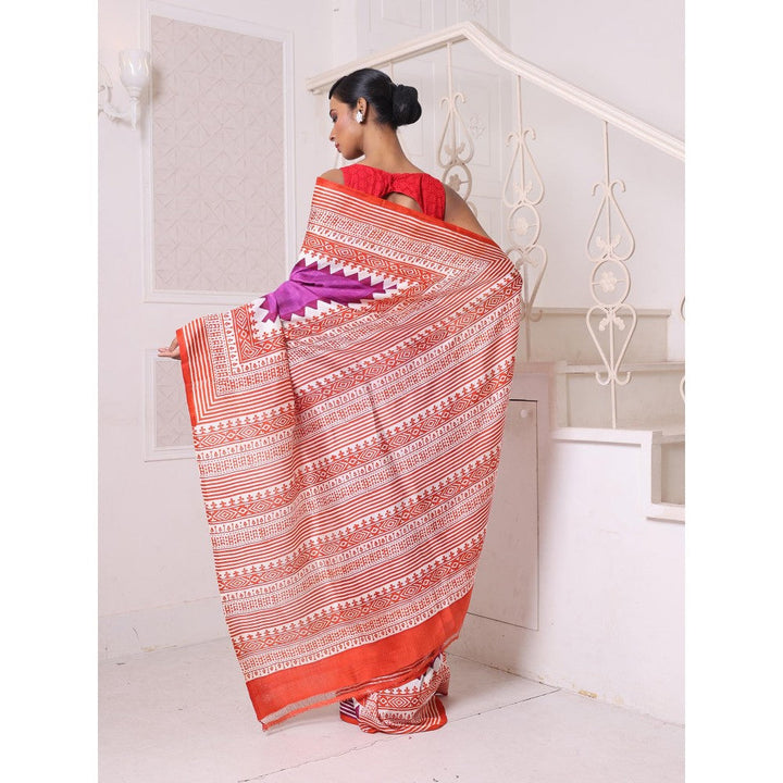 CHARUKRITI Purple Printed Pure Silk Handwoven Soft Saree with Unstitched Blouse