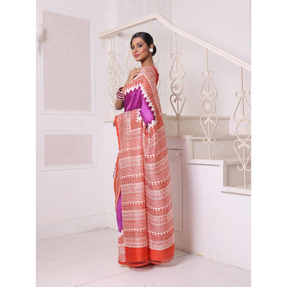 CHARUKRITI Purple Printed Pure Silk Handwoven Soft Saree with Unstitched Blouse